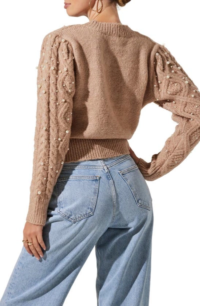 Shop Astr Imitation Pearl Embellished Cable Stitch Sweater In Taupe