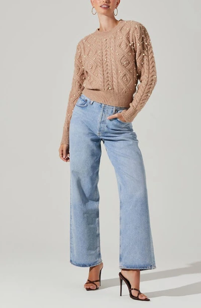 Shop Astr Imitation Pearl Embellished Cable Stitch Sweater In Taupe