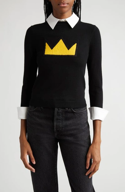 Shop Alice And Olivia Porla Collared Appliqué Wool Sweater In Black