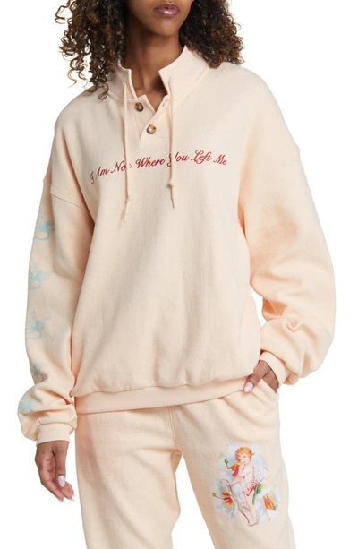 Shop Boys Lie I Am Not Where You Left Me Embroidered Cotton Interlock Henley Pullover In Peach