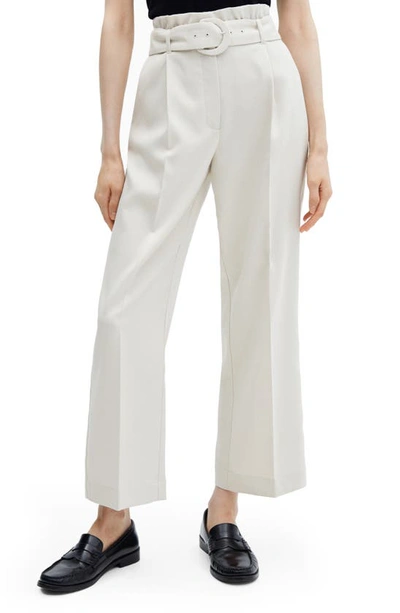 Shop Mango Belted Paperbag Waist Wide Leg Trousers In Natural White