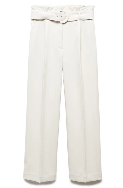Shop Mango Belted Paperbag Waist Wide Leg Trousers In Natural White