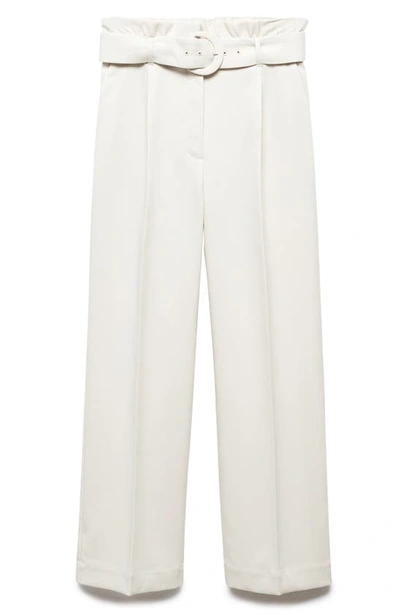 Mango Belted Paperbag Waist Wide Leg Trousers In Natural White