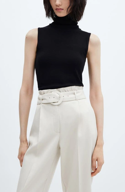 Mango Belted Paperbag Waist Wide Leg Trousers In Natural White