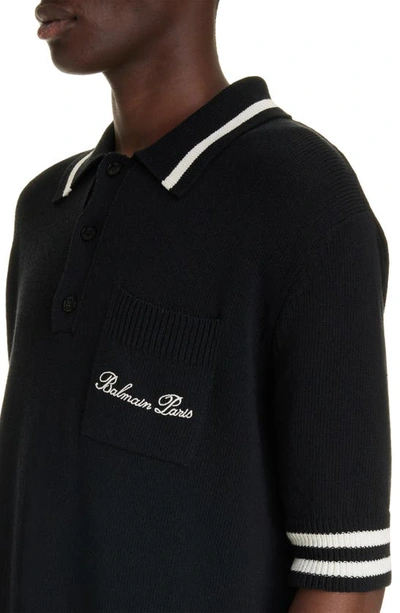 Shop Balmain Signature Logo Cotton Blend Polo In Eer Black/ Natural