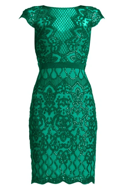 Tadashi Shoji Sequin Cap Sleeve Lace Dress In Pine