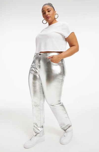 Shop Good American Good Icon Faux Leather Pants In Silver Metallic005