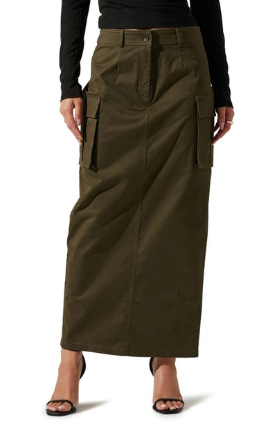 Shop Astr High Waist Cargo Maxi Skirt In Olive