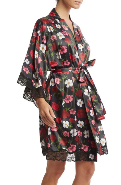Shop Hanky Panky Luxe Floral Lace Trim Satin Robe In Am I Dreaming