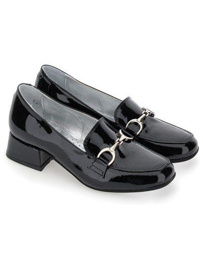 Monnalisa Teen Girls Black Leather Heeled Loafers In Black