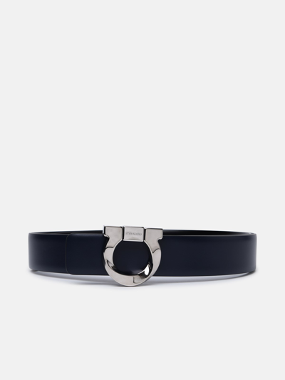 Shop Ferragamo 'gancini' Midnight Blue Leather Reversible Belt
