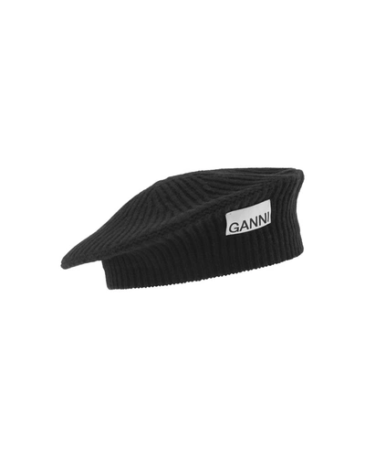 Shop Ganni Wool Rib Knit Beret In Black