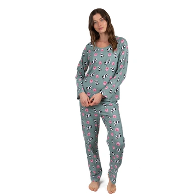 Leveret Womens Two Piece Cotton Loose Fit Pajamas Cow Green In Multi