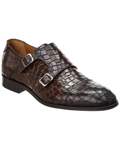 Shop Antonio Maurizi Cap Toe Double Monk Croc-embossed Leather Loafer In Brown