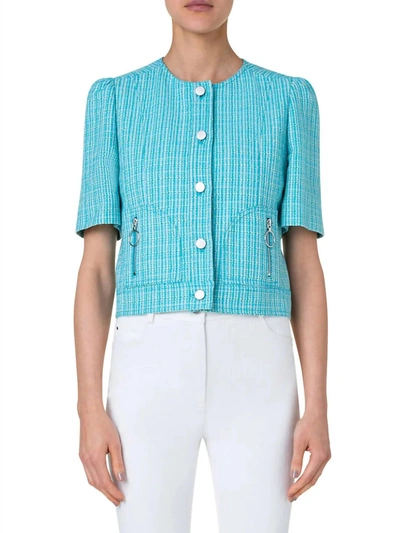 Shop Akris Punto Tweed Half Sleeve Jacket In Turquoise Multi
