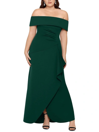 Shop Xscape Plus Womens Off-the-shoulder Ruched Evening Dress In Green