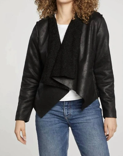 Chaser Faux Suede Shearling Reversible Ls Waterfall Neck Jacket In True Black In Black