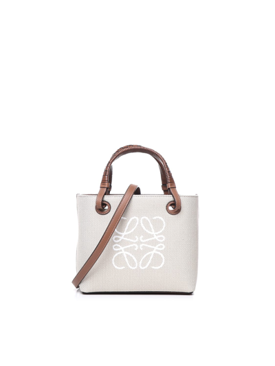 Shop Loewe Mini Anagram Tote Bag In Jacquard And Calfskin In Ecru