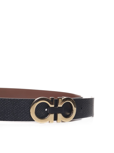 Shop Ferragamo Double-sided Leather Belt With Gancio Buckle In Nero