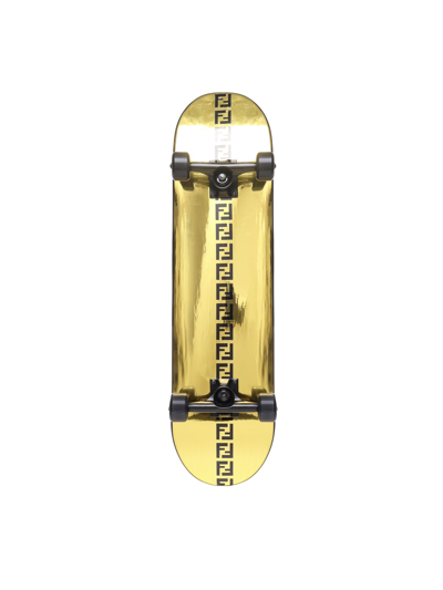 Shop Fendi Wooden Skateboard With Contrasting Logo In Black/gold