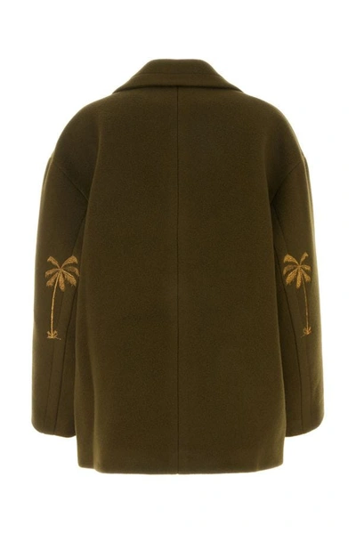 Shop Palm Angels Woman Olive Green Felt Coat