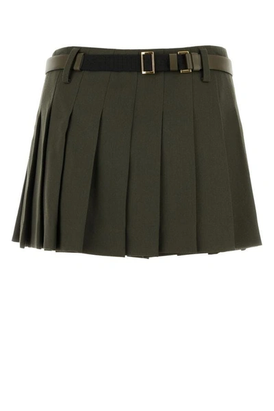 Shop Prada Woman Army Green Gabardine Mini Skirt