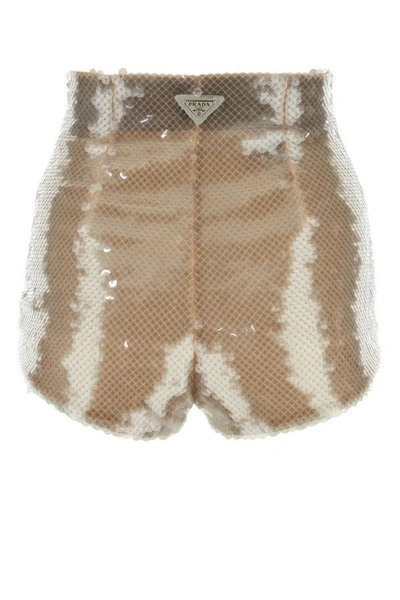 Shop Prada Woman Embellished Tulle Shorts In Brown