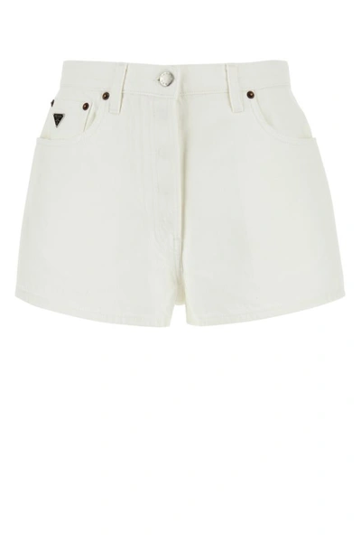 Shop Prada Woman White Denim Shorts