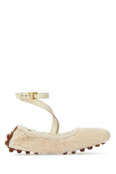 Shop Tod's Woman Ivory Shearling Bubble Ballerinas In Brown