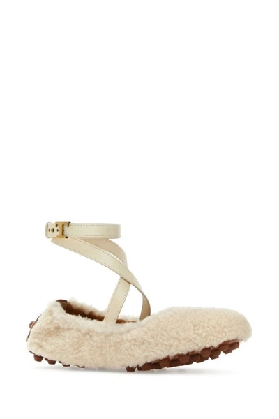Shop Tod's Woman Ivory Shearling Bubble Ballerinas In Brown