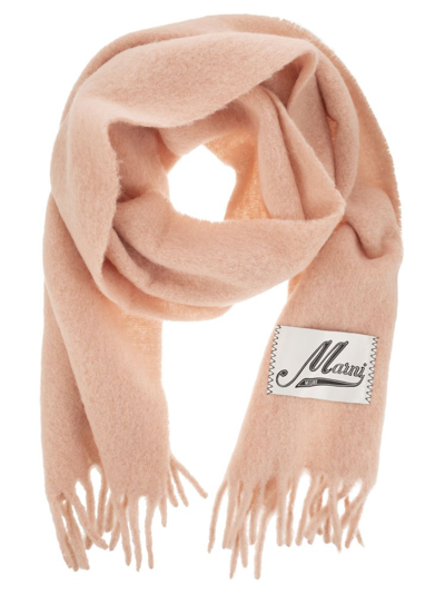 Shop Marni Logo Patch Fringed Scarf In Pink