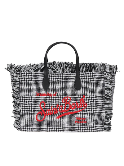 Shop Mc2 Saint Barth Logo Embroidered Houndstooth Fringed Tote Bag In Grey
