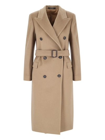 Tagliatore Waist Belted Buttoned Long Lapel Jacket In Beige