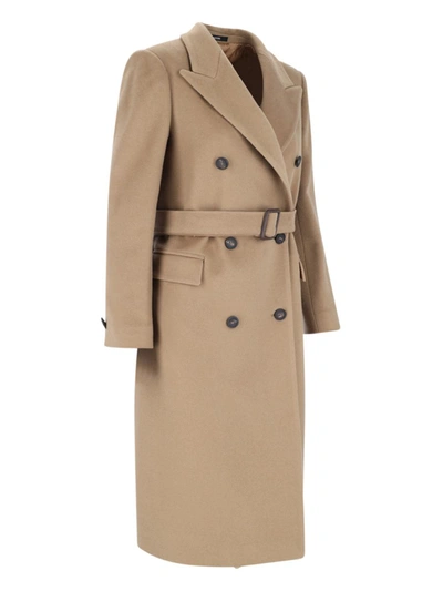 Tagliatore Waist Belted Buttoned Long Lapel Jacket In Beige