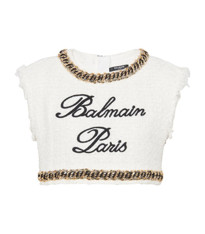 Shop Balmain Tweed Signature Logo Crop Top In White