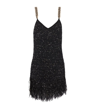 Shop Balmain Tweed Fringe Mini Dress In Ead Black