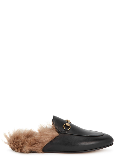 Gucci Princetown Horsebit-detailed Shearling-lined Leather Slippers In Black