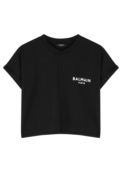 Shop Balmain Cropped Ss Flocked Logo Top In Black And White