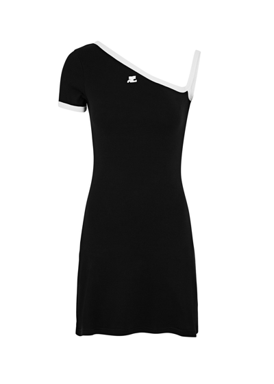Shop Courrèges Asymmetric Cotton Mini Dress In Black And White