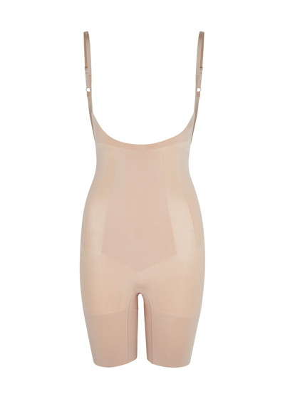 Shop Spanx Oncore Open-bust Mid-thigh Bodysuit In Beige