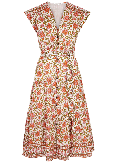 Shop Veronica Beard Lexington Floral-print Cotton Midi Dress In Orange