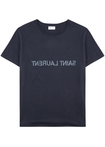 Shop Saint Laurent Logo-print Cotton T-shirt In Blue
