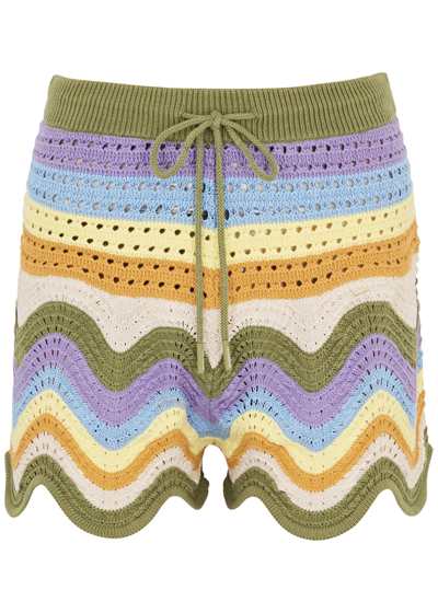 Shop Zimmermann Raie Striped Open-knit Shorts, Shorts, Multicoloured