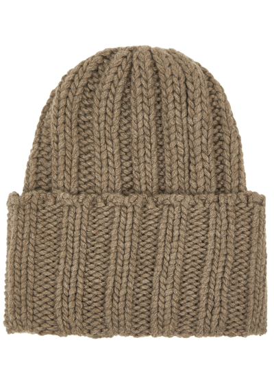 Shop Inverni Chunky-knit Ribbed Cashmere Beanie In Brown