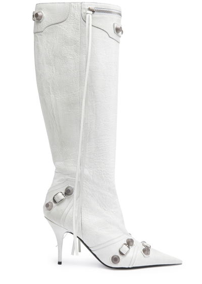 Shop Balenciaga Cagole 100 Leather Knee-high Boots In White