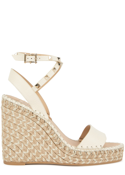 Shop Valentino Rockstud 120 Leather Wedge Espadrilles In Ivory