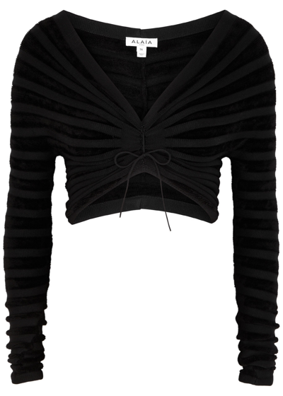 Shop Alaïa Off-the-shoulder Cropped Ribbed-knit Top In Black
