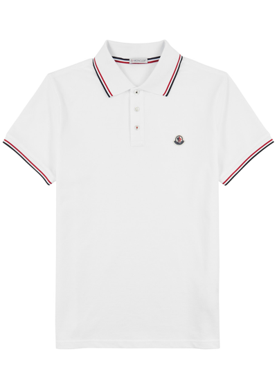 Moncler Classic White Cotton Polo With Signature Tri-color Trim In White