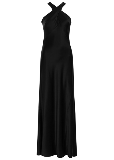 Shop Galvan Evelyn Satin Dress In Black