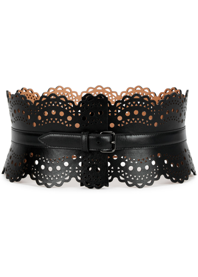 Shop Alaïa Bustier Laser-cut Leather Belt In Black